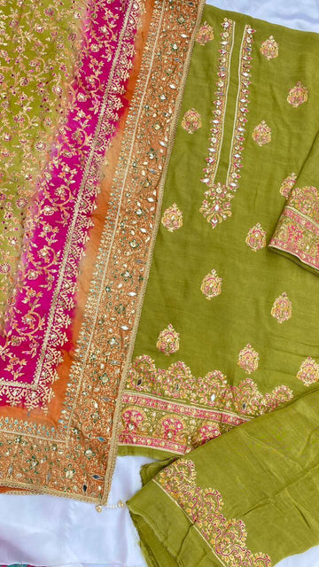 Dhani Green with Multi Dupatta Raw Silk Set