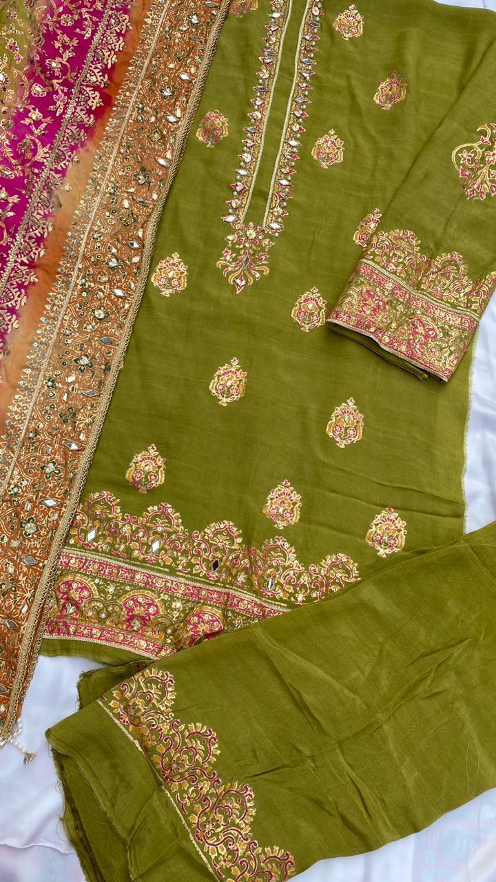 Dhani Green with Multi Dupatta Raw Silk Set