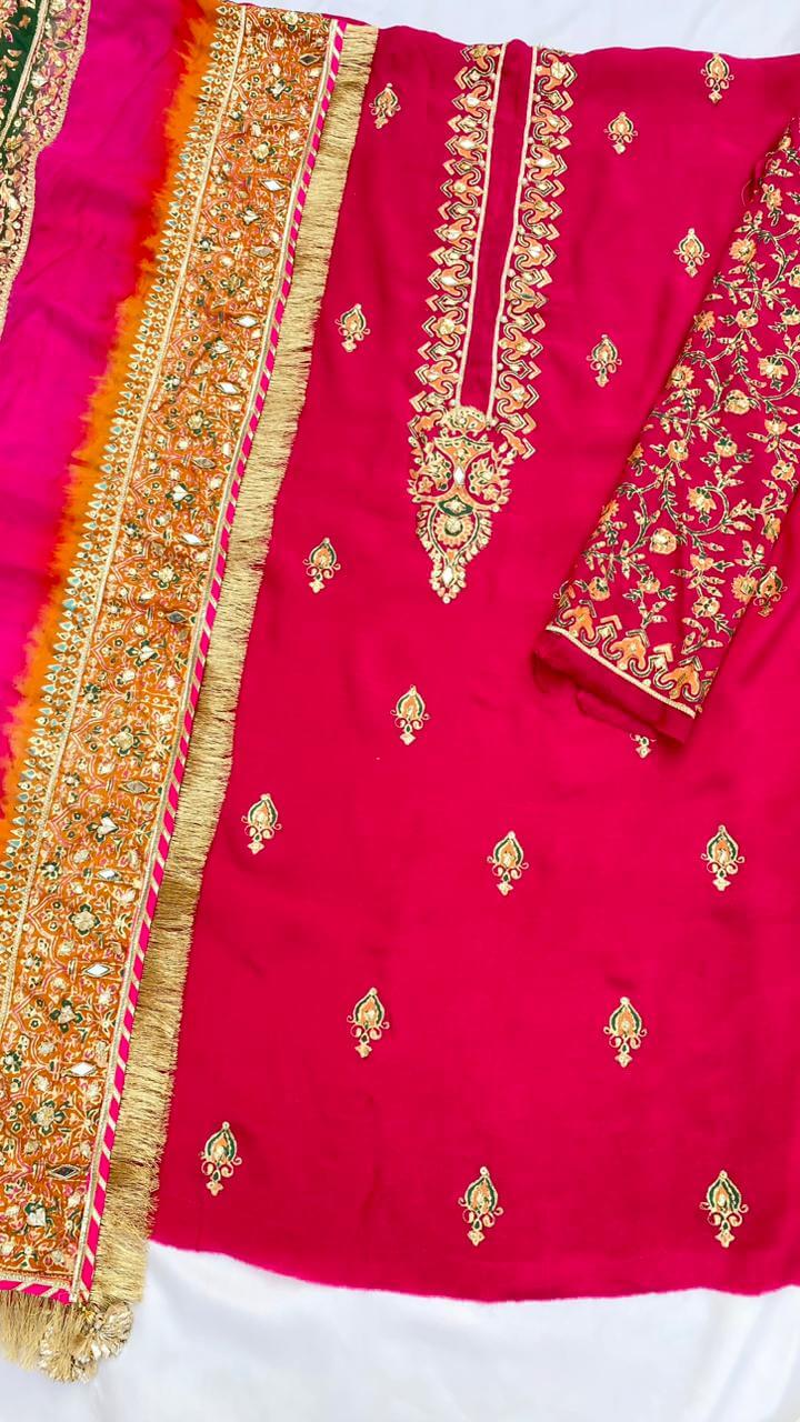 Pink with Multi Dupatta Raw Silk Set