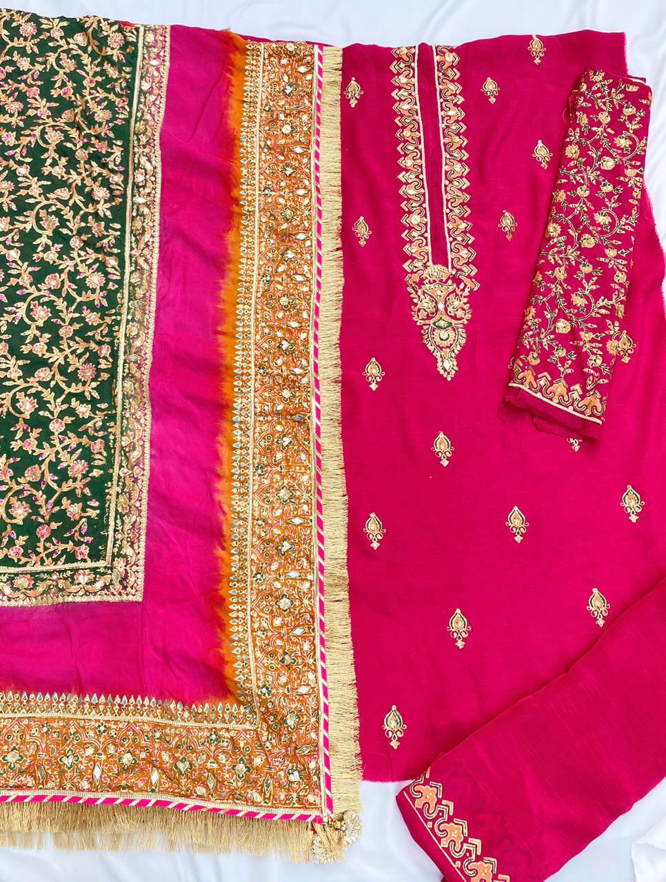 Pink with Multi Dupatta Raw Silk Set