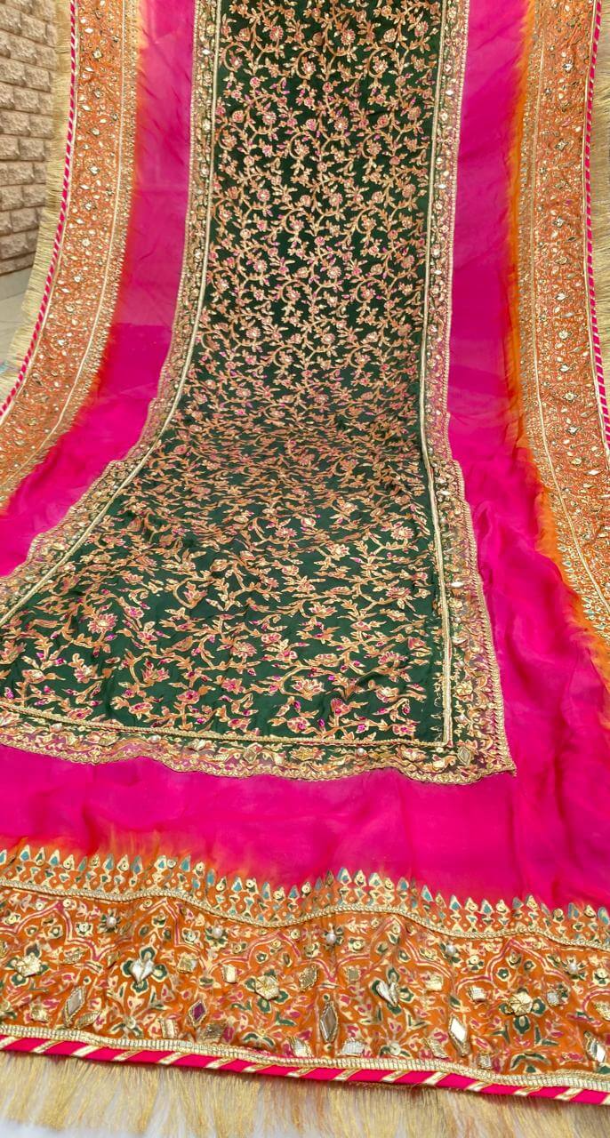 Bottle Green with Multi China Silk Dupatta