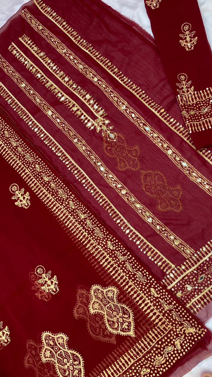 Unstitched Maroon Chiffon Shirt & Dupatta