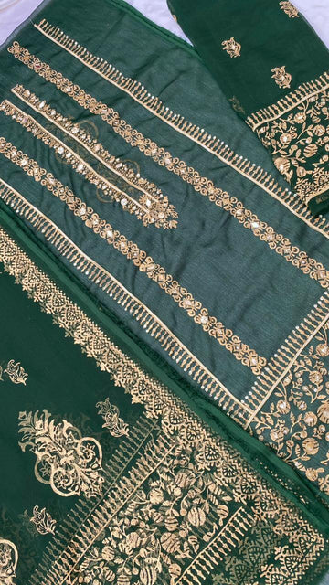 Unstitched Bottle Green Chiffon Shirt & Dupatta