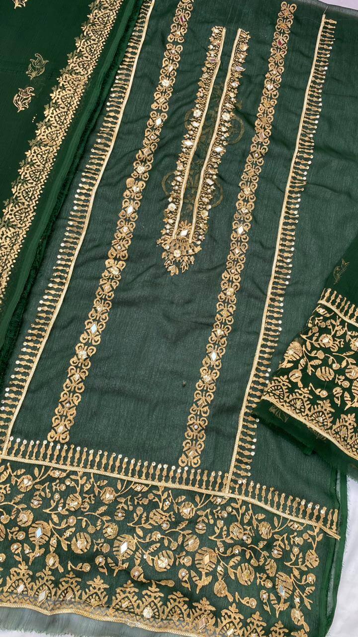 Unstitched Bottle Green Chiffon Shirt & Dupatta