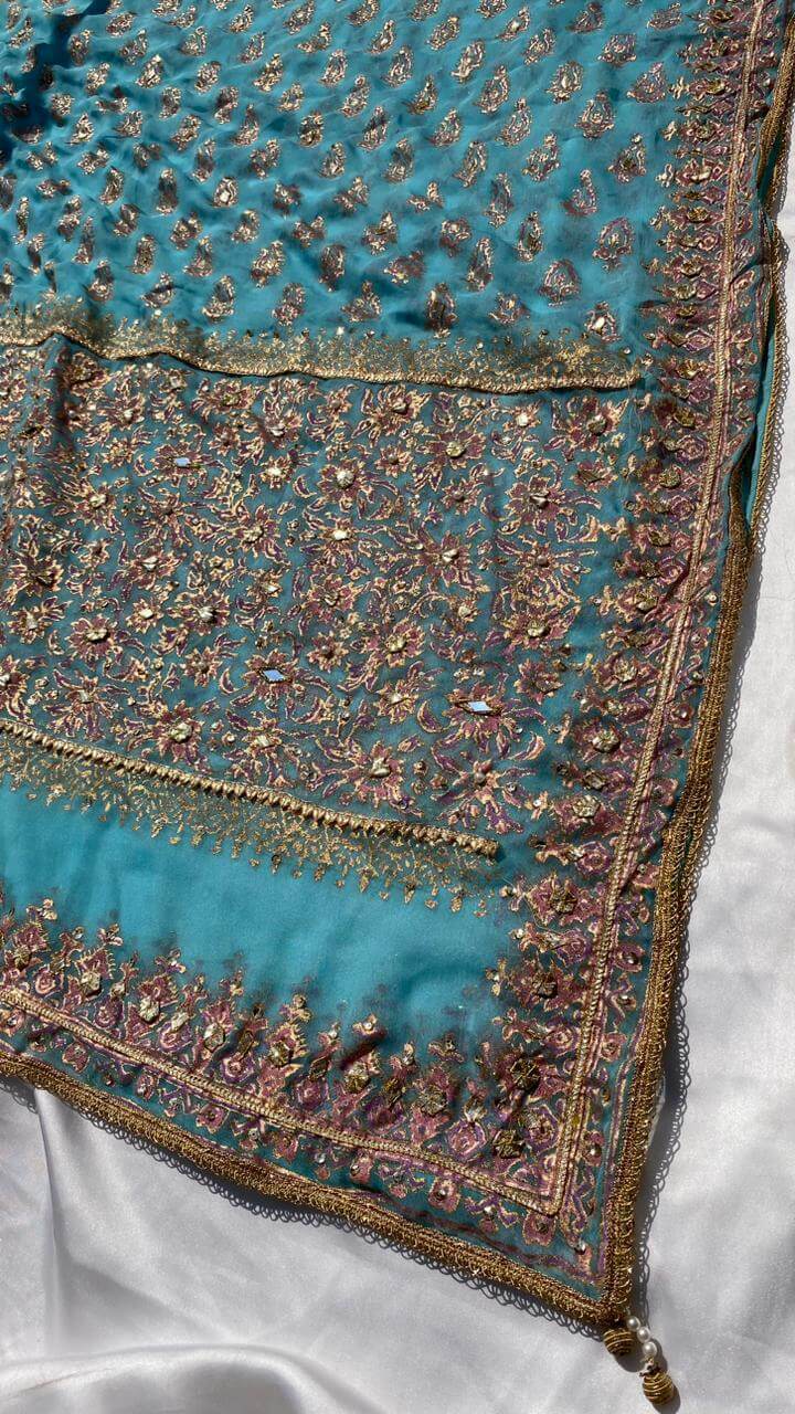 Sky Blue Gold Lace Embellished Dupatta