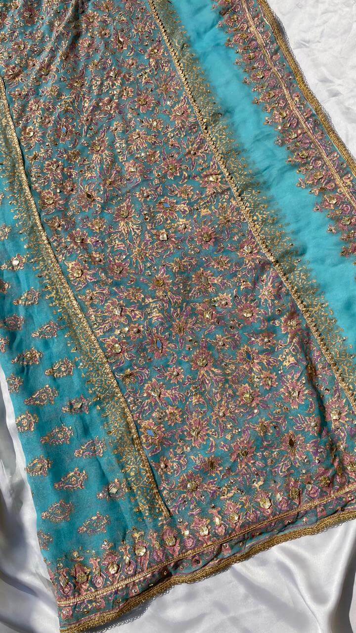 Sky Blue Gold Lace Embellished Dupatta