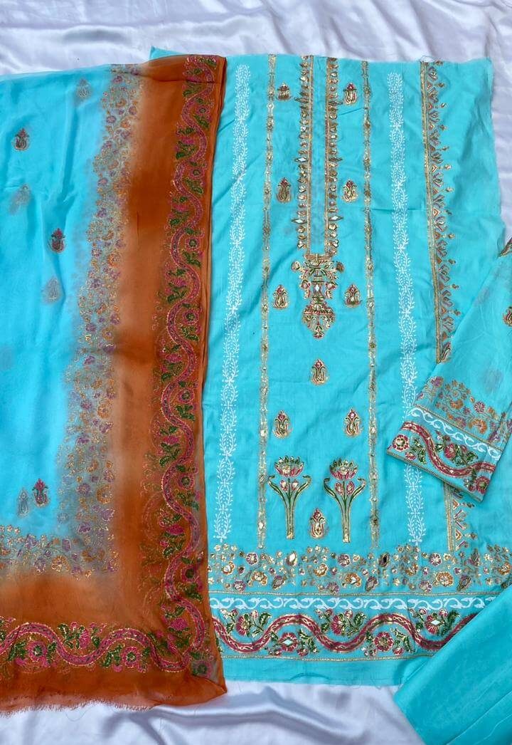 Sky Blue Embellished Cotton-Lawn Suit With Two-Shaded Dupatta