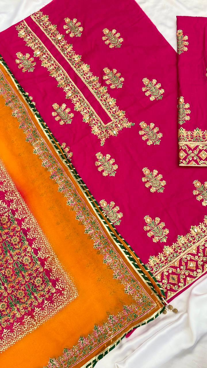 Hot Pink Embellished Cotton-Lawn Suit With Two-Shaded Dupatta