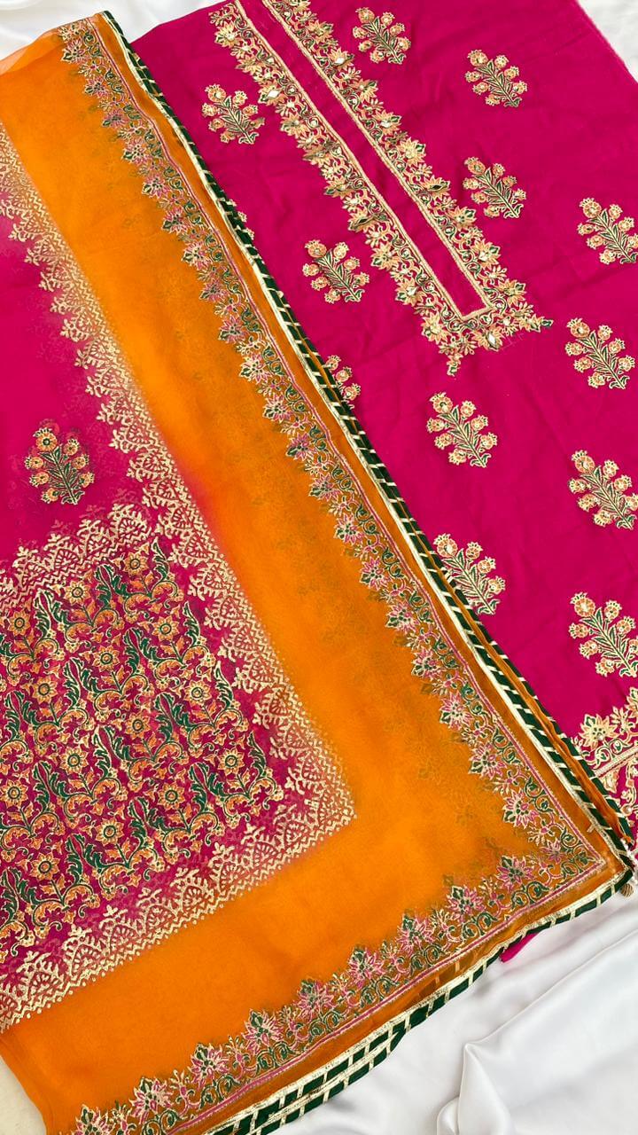 Hot Pink Embellished Cotton-Lawn Suit With Two-Shaded Dupatta