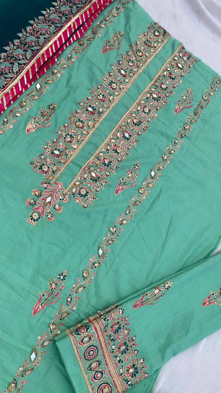 Sea Green Embellished Cotton-Lawn Suit With Two-Shaded Dupatta