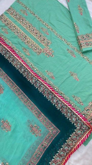 Sea Green Embellished Cotton-Lawn Suit With Two-Shaded Dupatta