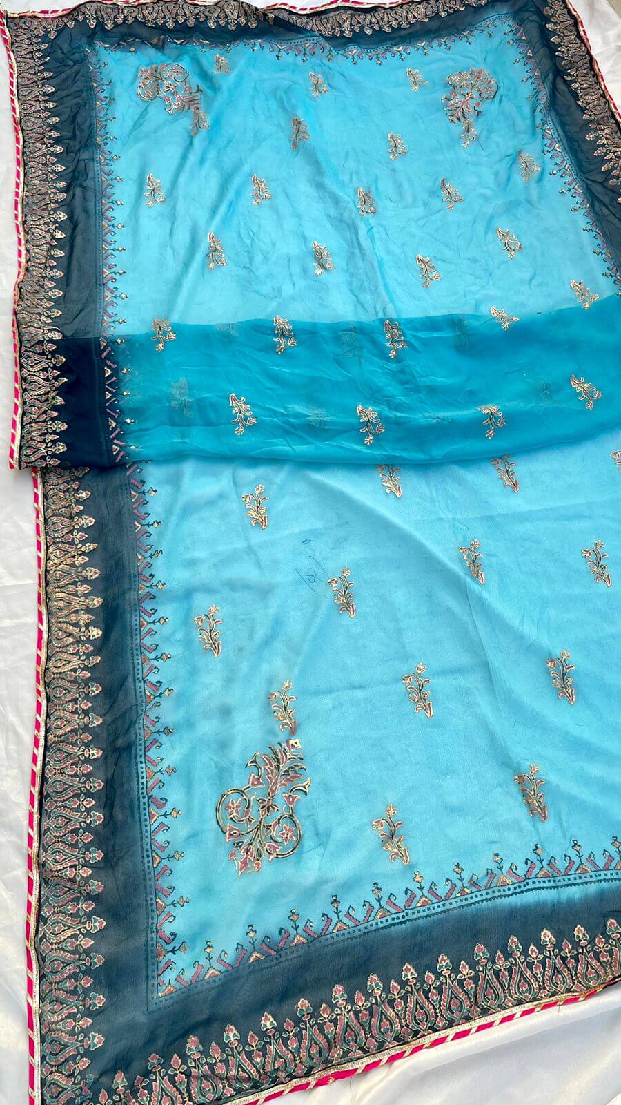 Zinc Blue Embellished  Cotton-Lawn Suit With Two-Shaded Dupatta