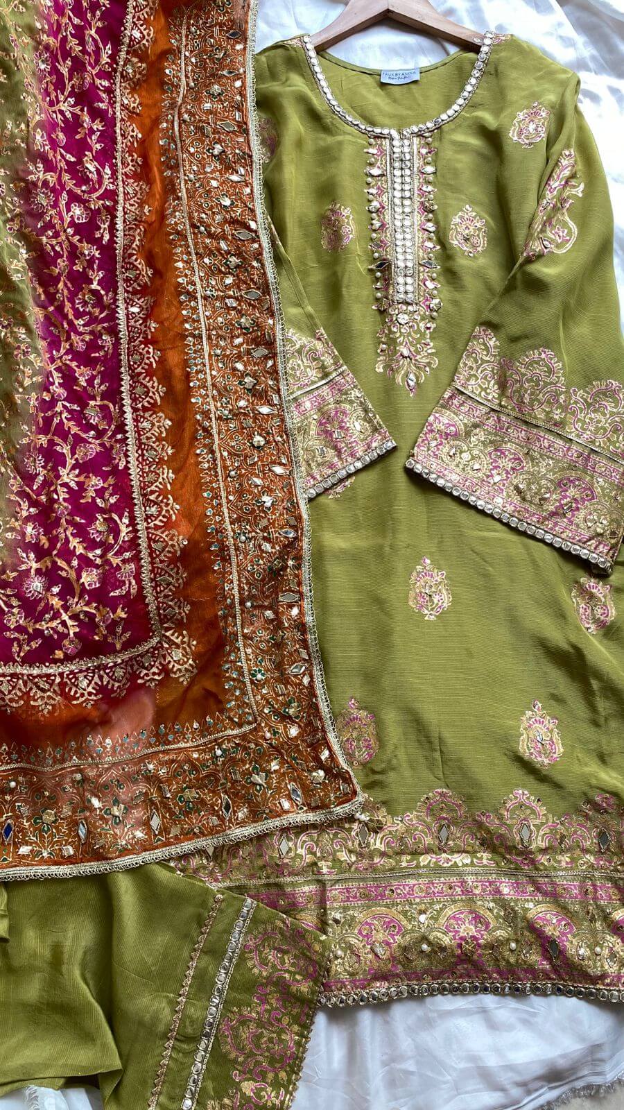 Stitched Dhani Green & Three Shaded Dupatta Raw Silk Suit