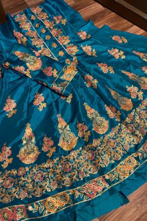 Teal Blue Floral Semi-Stitched Frock & Dupatta