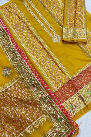 Embellished Katan Silk Mustard Suit