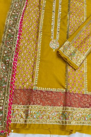 Embellished Katan Silk Mustard Suit