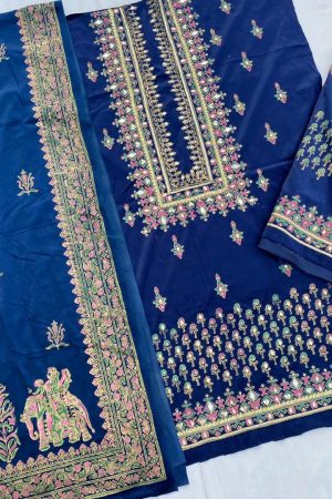 Royal Blue Malai Velvet Embellished Suit With Shawl