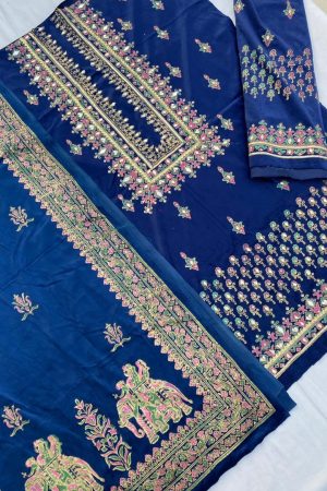 Royal Blue Malai Velvet Embellished Suit With Shawl