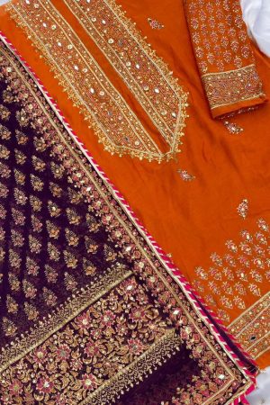 Orange & Indigo Purple Embellished Raw Silk Suit