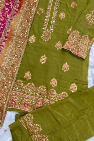 Dhani Green with Multi Dupatta Raw Silk Set