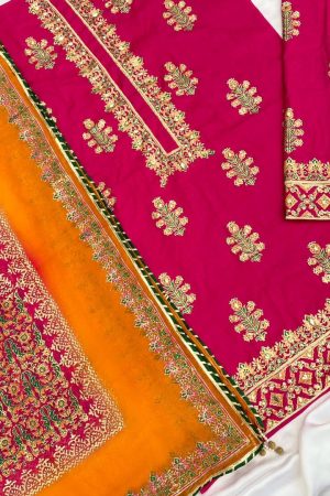 Hot Pink Embellished Cotton-Lawn Suit With Two-Shaded Dupatta