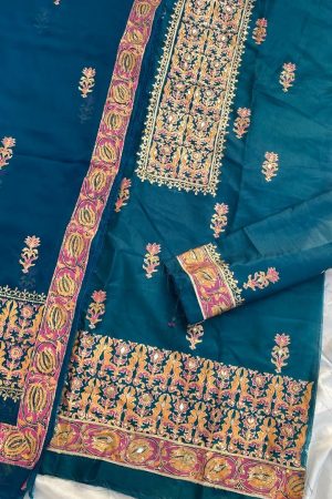 Zinc Blue Embellished Katan Silk Suit