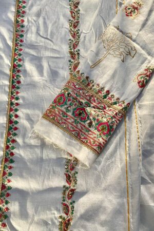 Off-White Embellished  Cotton-Lawn Suit With Pink Dupatta