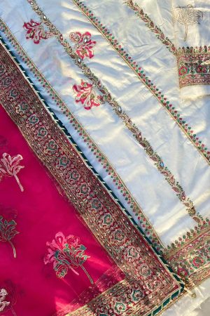 Off-White Embellished  Cotton-Lawn Suit With Pink Dupatta