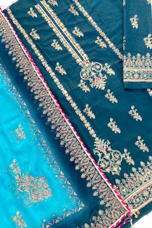 Zinc Blue Embellished  Cotton-Lawn Suit With Two-Shaded Dupatta