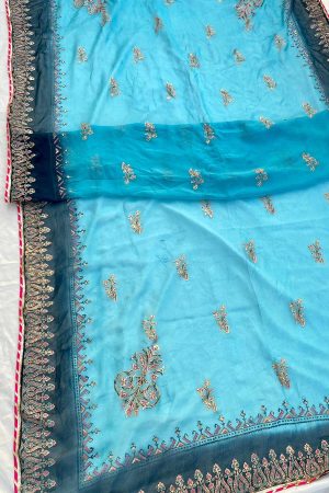 Zinc Blue Embellished  Cotton-Lawn Suit With Two-Shaded Dupatta