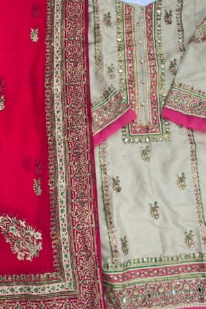 Stitched Silver & Pink Katan Silk Suit