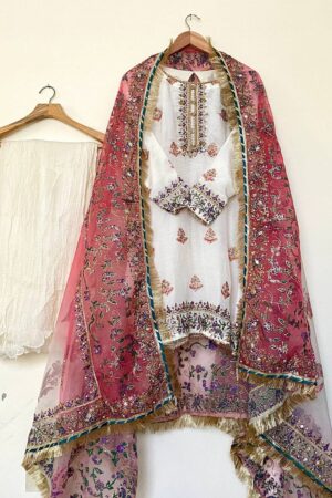 Stitched Three-shaded Dupatta With Crushed Trousers Off-White Set