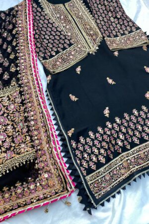 Stitched Jet Black Embellished Raw Silk Suit