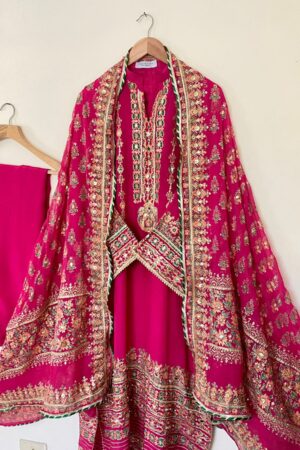 Stitched Shocking Pink Embellished Raw Silk Suit