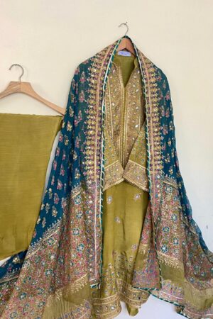 Stitched Dhani Green & Teal Embellished Raw Silk Suit