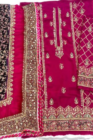 Magenta Pink Multi Dupatta Raw Silk Set