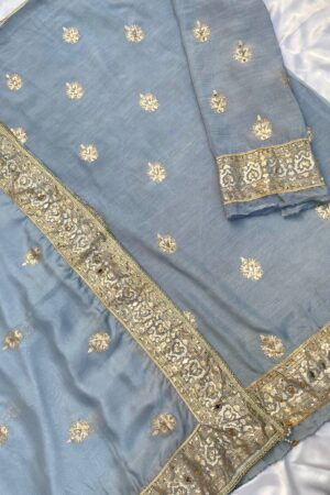 Gray Blue Embellished Raw Silk Set
