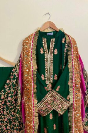 Stitched Bottle Green & Pink Shaded Dupatta Raw Silk Suit