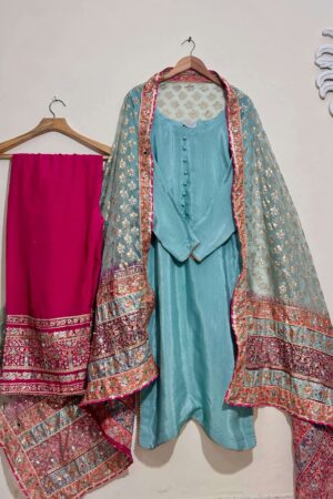Stitched Ice Blue & Pink Shaded Dupatta Raw Silk Suit