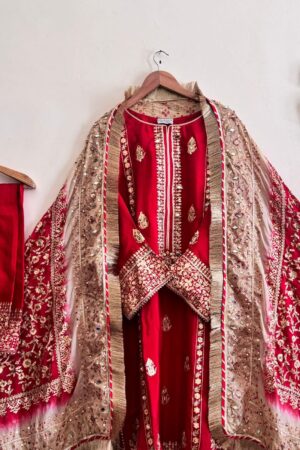 Stitched Blood Red Three Shaded Dupatta Raw Silk Suit