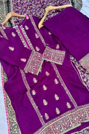 Stitched Violet Three Shaded Dupatta Raw Silk Suit