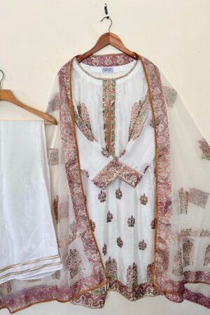 Stitched Pearl White Raw Silk Suit